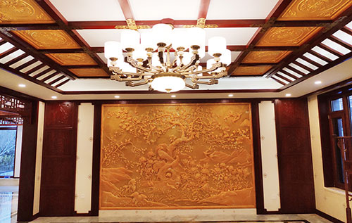 翁田镇中式别墅客厅中式木作横梁吊顶装饰展示